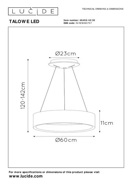 Lucide TALOWE LED - Hanglamp - Ø 60 cm - LED Dimb. - 1x39W 3000K - Zwart - technisch
